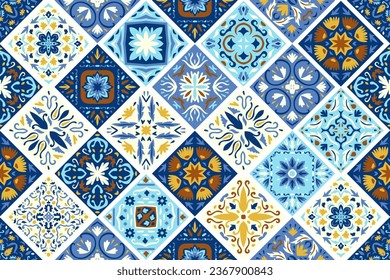 Set of patterned azulejo floor tiles background. Seamless colorful pattern