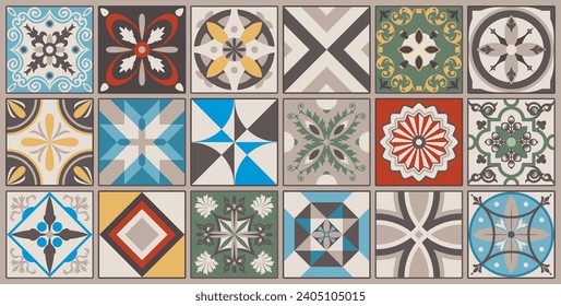 Set of patterned azulejo floor tiles. Abstract geometric background. Vector illustration, seamless mediterranean pattern. Portuguese floor tiles azulejo design. Floor cement talavera tiles collection.