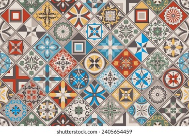 Set aus gemusterten Azulejo-Bodenfliesen. Abstrakter geometrischer Hintergrund. Vektorgrafik, nahtloses mediterranes Muster. Portugiesisches Fliesen Azulejo Design. Kollektion von Bodenzement-Talavera-Fliesen.