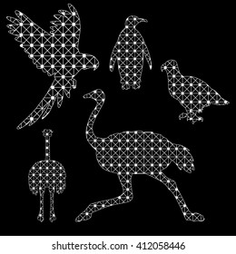 Set of the patterned birds on black background