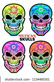 Set of patterned colorful mexican skulls for the day of the Dead. Dia de los Muertos. Vector illustration.