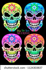 Set of patterned colorful skulls in black background for the day of the Dead. Dia de los Muertos. Vector illustration.