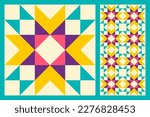 Set of patterned floor ceramic tiles. Abstract geometric pattern inspired by duvet quilting. Vivid colored bright abstract background. Simple colors. Seamless vector pattern. Quilt block template.