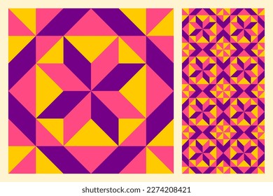 Set of patterned floor ceramic tiles. Abstract geometric pattern inspired by duvet quilting. Vivid colored bright abstract background. Simple colors. Seamless vector pattern. Quilt block template.