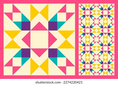 Set of patterned floor ceramic tiles. Abstract geometric pattern inspired by duvet quilting. Vivid colored bright abstract background. Simple colors. Seamless vector pattern. Quilt block template.