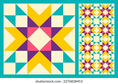 Set of patterned floor ceramic tiles. Abstract geometric pattern inspired by duvet quilting. Vivid colored bright abstract background. Simple colors. Seamless vector pattern. Quilt block template.