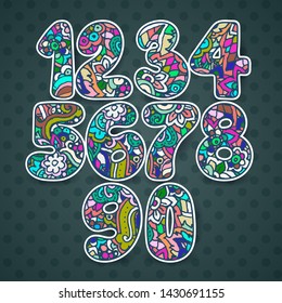 Set of patterned hand drawn numbers. Funny doodle contour math signs. Vector freehand design elements