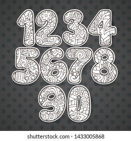 Set of patterned hand drawn numbers. Funny doodle contour math signs. Vector freehand design elements