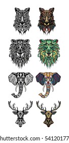 Set of Patterned heads of lion, deer, wolf and elephant. Adult anti-stress coloring book. Black white hand drawn doodle animal. African, indian totem / tattoo design. T-shirt, postcard, poster design