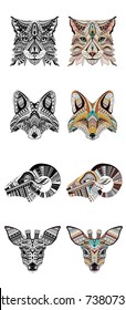 Set of Patterned heads of lynx, fox, roe and ram. Adult anti-stress coloring book. Black white hand drawn doodle animal. African, indian totem / tattoo design. T-shirt, postcard, poster design