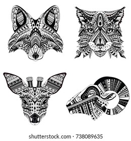 Set of Patterned heads of lynx, fox, roe and ram. Adult anti-stress coloring book. Black white hand drawn doodle animal. African, indian totem / tattoo design. T-shirt, postcard, poster design