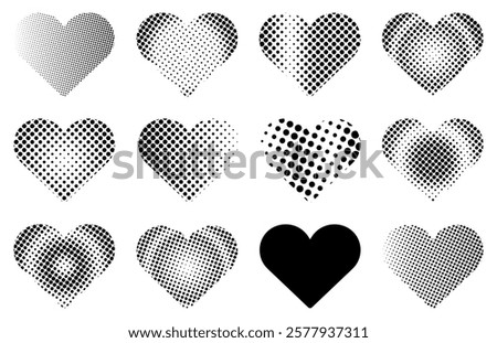 A set of patterned hearts. Half-tone heart patterns. Valentine's banner elements. Black and white dotted hearts.