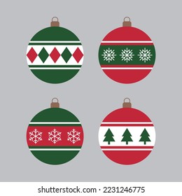 Set of patterned plastic tree decoration balls for Christmas concept in red and green color combination. There are patterns in the shape of trees and snowflakes.