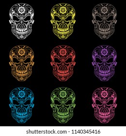 Set of patterned skulls in black background. Original skull design. Vector illustration. 