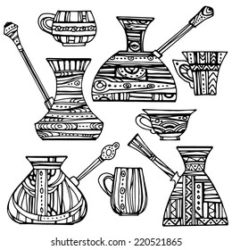 Set of patterned Turkish coffee pots. Patterned Turkish coffee pots and cups, hand-drawn design elements.