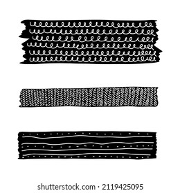 Set of patterned washi tape stripes. Hand drawn doodle sticky tape.