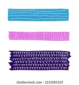 Set of patterned washi tape stripes. Hand drawn doodle sticky tape. 