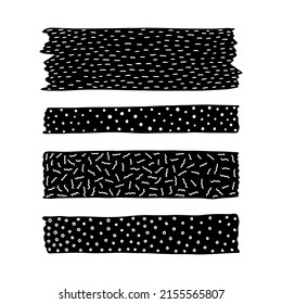 Set of patterned washi tape stripes. Hand drawn doodle sticky tape.
