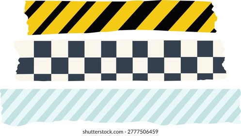Set of patterned washi tape strips including yellow hazard stripes, black and white checkered, and light blue diagonal patterns.