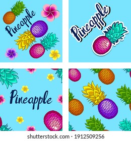 Set of patterns 4. Vector images of pineapples and flowers.