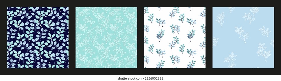 Set patterns with abstract minimalist  leaf Stem with  lines foliage, textures leaves seamless bakground. Vector hand drawn sketch leaves style  doodle print. 