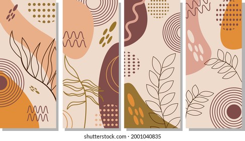 Un conjunto de patrones con manchas abstractas de tonos y hojas naturales. Ilustración vectorial. Para uso y diseño de redes sociales, tarjetas e invitaciones, portadas, banners y volantes, impresiones, promociones.