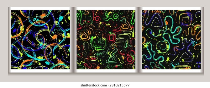 Set of patterns with abstract wavy shapes, swirls, twirls, paint brush strokes, blots, spattered paint of neon bright colors Grunge style for sports goods, prints, clothing, t shirt design, vinyl wrap