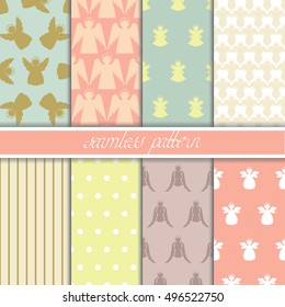 Set of patterns with the angels. Set of seamless patterns.  Patterns can be used as background, fabric print, surface texture, wrapping paper, web page backdrop, wallpaper and more