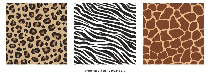 set of patterns with animal prints drawn in cartoon style