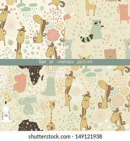 Set of ?artoon patterns with animals for children. Seamless pattern can be used for wallpaper, pattern fills, web page backgrounds, surface textures.