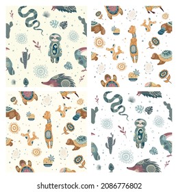 Set of patterns with animals in decorative ornaments. Wallpaper in boho style with flowers, twigs, animals.