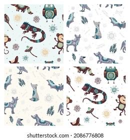 Set of patterns with animals in decorative ornaments. Wallpaper in boho style with flowers, twigs, animals.