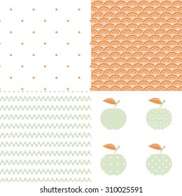 Set of patterns with apples, dots and geometric shapes in autumnal colors