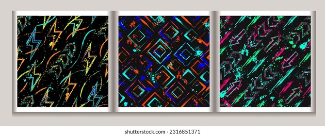 Set of patterns with of arrows, pointers, squares, paint brush strokes. Splattered paint of neon fluorescent bright colors. Dynamic style for sports goods, prints, clothing, t shirt design, vinyl wrap