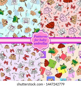 set of patterns baby umbrellas beasts colored vector seamless background doodle cute wallpaper