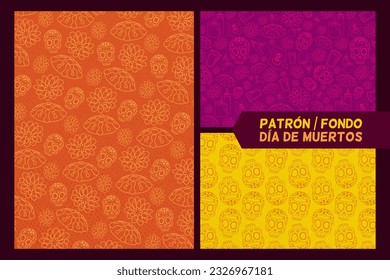 Conjunto de patrones o antecedentes con elementos de dia de muertos como pan de Muerte, cempasuchil, retrato, etc. tradición mexicana. En el texto 