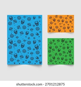 Set of patterns or backgrounds with dia de muertos elements such as pan de muerto, cempasuchil, portrait, etc.