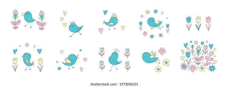 set of patterns. birds and flowers in a cartoon stylized style. cute colors. a set of ready-made prints for a mug or postcard. vector hand drawn stock illustration. colored doodles
