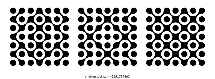 Set of patterns from black metaballs isolated on white background. Modern geometric shapes from connected drops of liquid. Vector illustration.