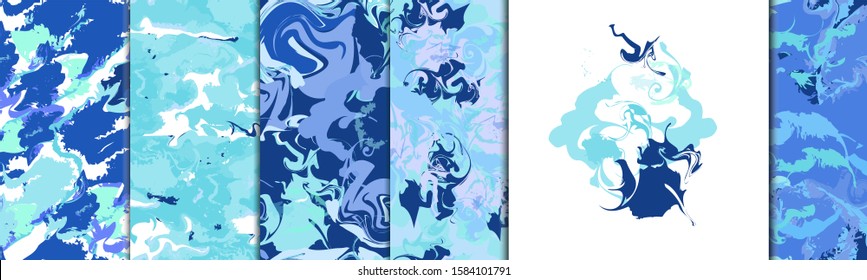 Set of patterns in blue. Abstract patterns, imitation of waves, liquid. Wallpaper, background, design for packaging and textiles. Vector illustration.