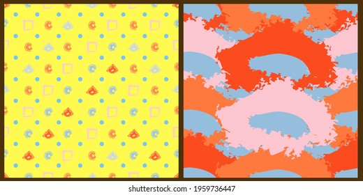 Set of patterns with brush strokes, abstract collage in bright colors. For flyer, poster, cover, textile print, fabric drawing. 