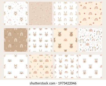 Set of patterns with bunnies, rainbows and floral elements. Vector illustration.