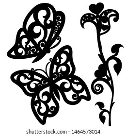 A set of patterns of butterflies and colors for laser cutting