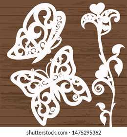 A set of patterns of butterflies and colors for laser cutting