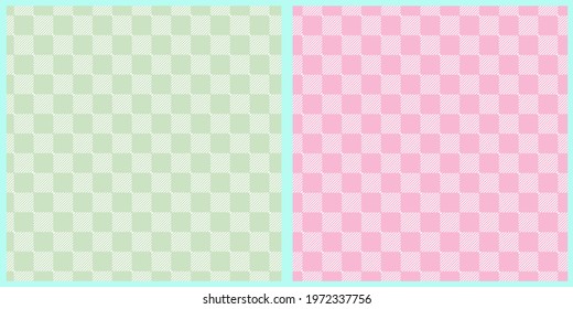 Set of patterns in a cage. Checkered plaids in a green, pink cage on a white background. Seamless pastel backgrounds for tablecloths, dresses, skirts, napkins or other textile design. 