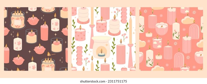 A set of patterns with candles of various shapes in pink colors. Vector graphics.