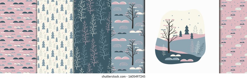 Set of patterns, card with  image of nature, abstract plants,  trees,   forest, winter landscape. Flat style. Concept, banner, postcard, invitation. Vector illustration
