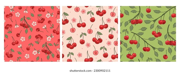 A set of patterns with cherries and flowers. Vector graphics.