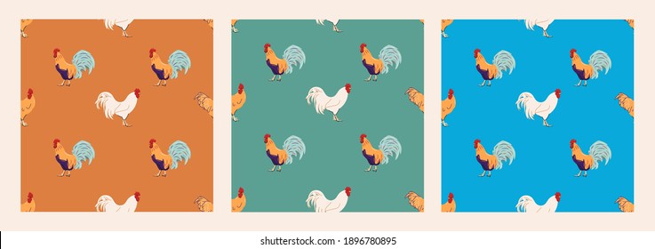 Set of patterns with chicken, roosters and eggs. Modern illustrations for textile design, wallpaper, fabric, wrapping paper. Set of three colourful seamless patterns 