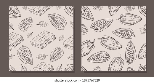 
Set of patterns with chocolate and cocoa beans. Vector illustration in engraving style.